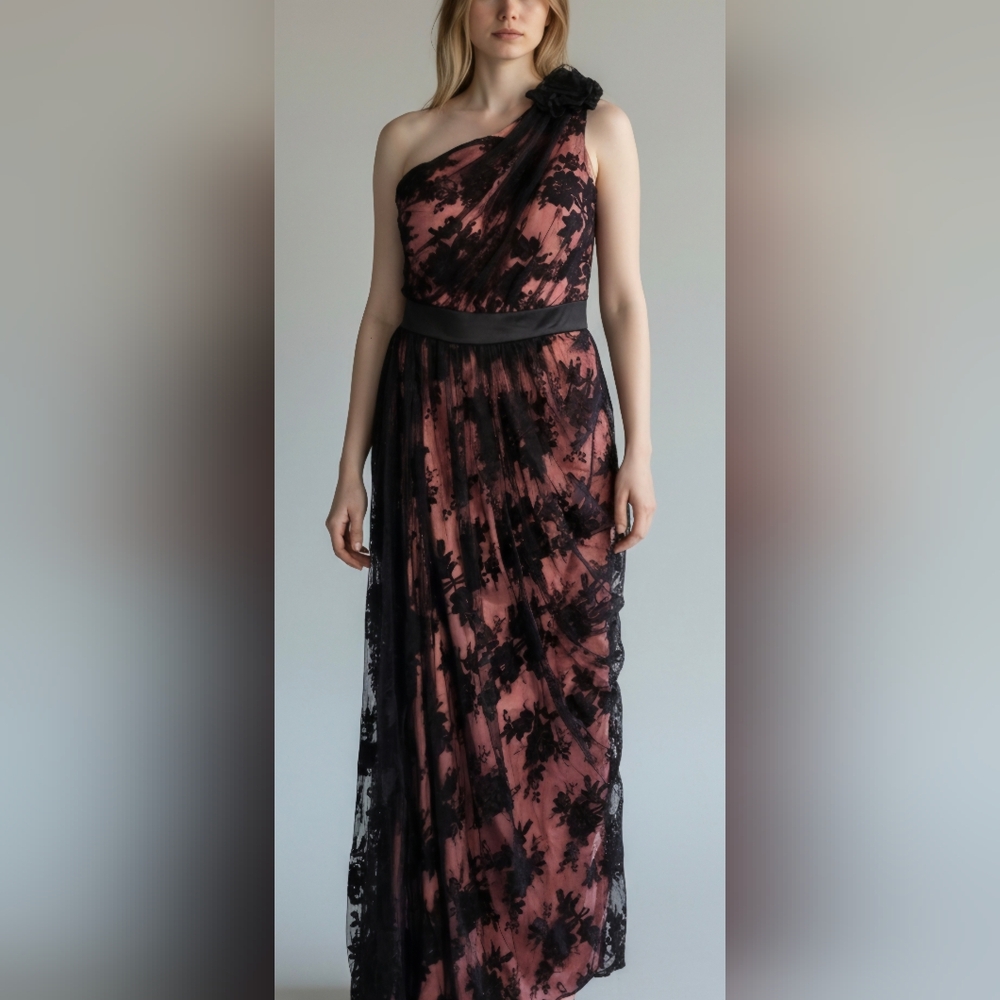 Bari Jay Black and Pink One-Shoulder Dress